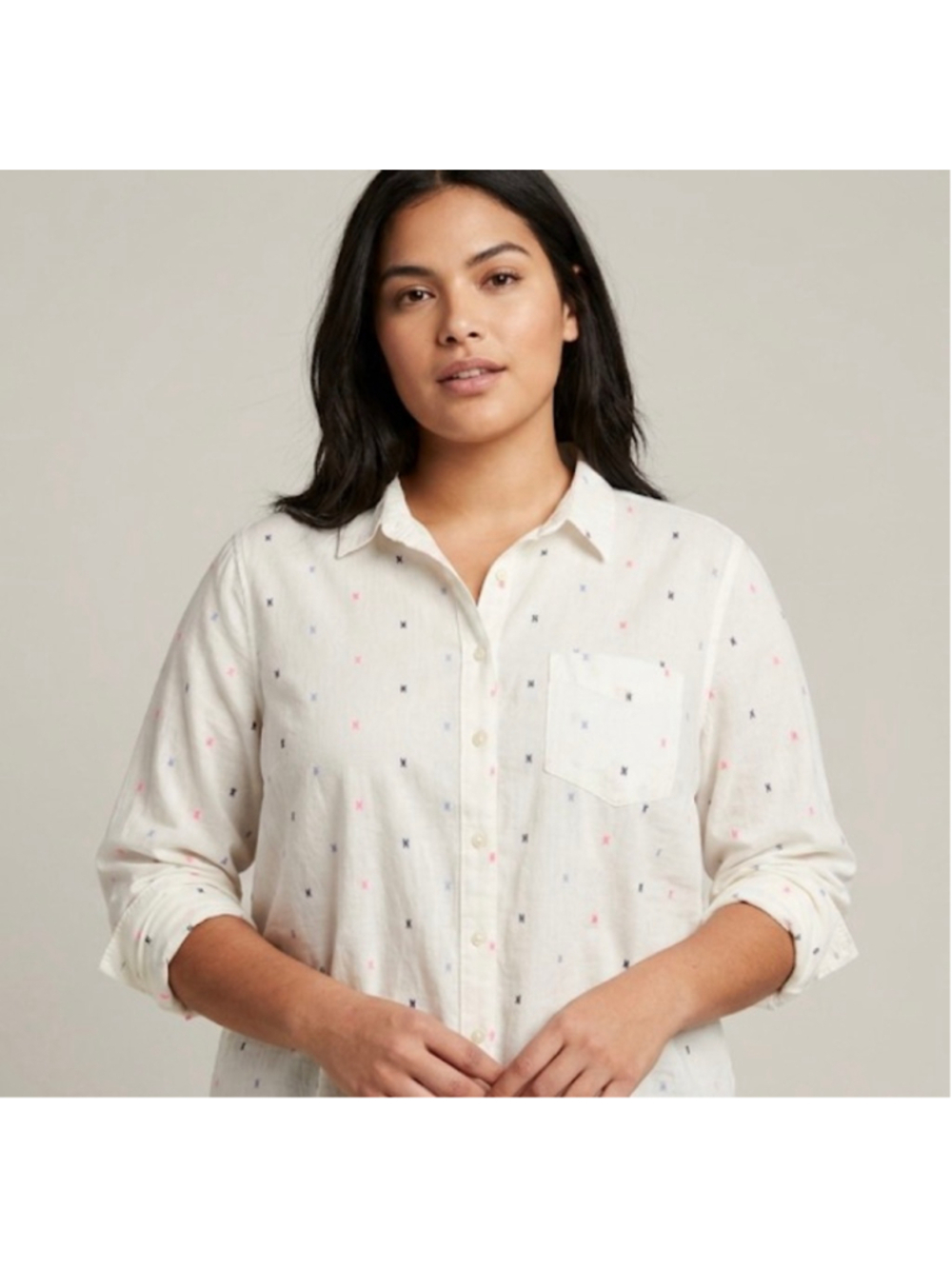 Old Navy White Button Down Shirt with Pink & Blue Accents, Size L